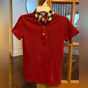 Burberry boys size 10 red with plaid collar polo shirt